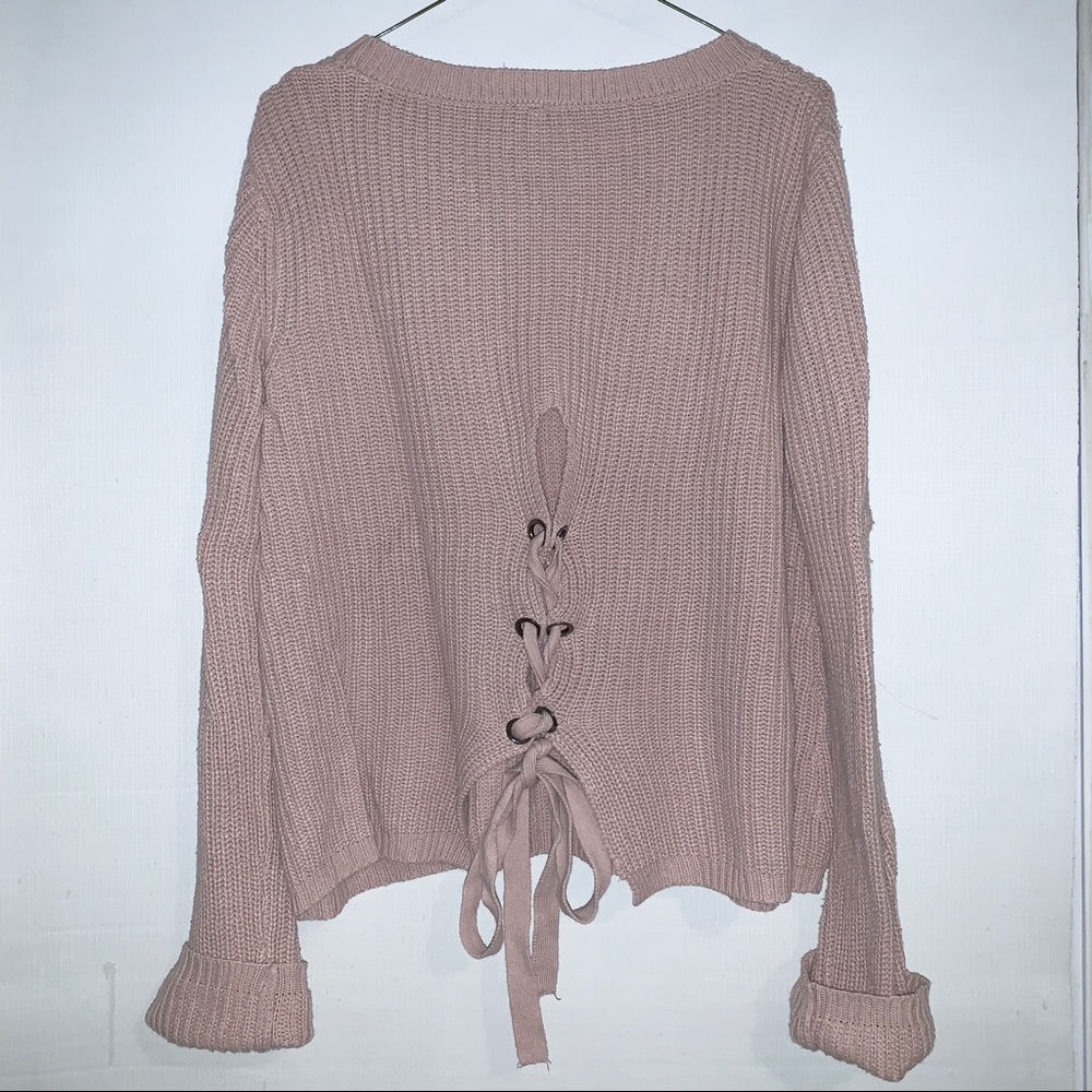 Pink lace up back sweater